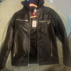 Guess Black Faux Leather Jacket with Silver Accents